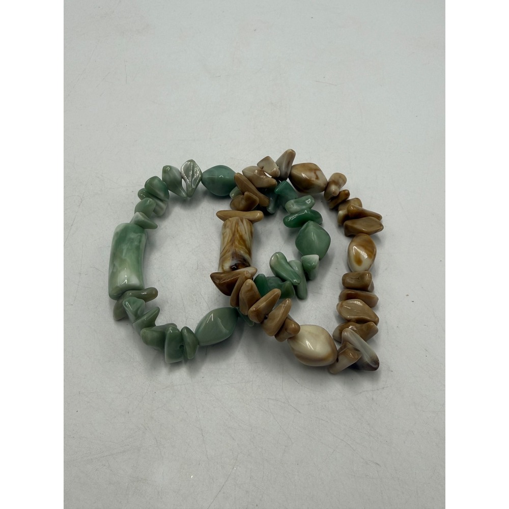 Boho Stretch Chip Bead Bracelet Set Green Tan Earth Tone Organic Jewelry